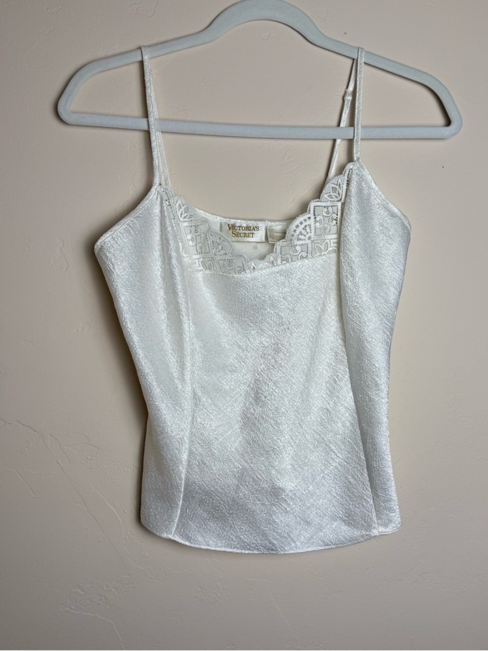 Victoria's Secret White Lace Trim Satin Cami gold label Vintage size small